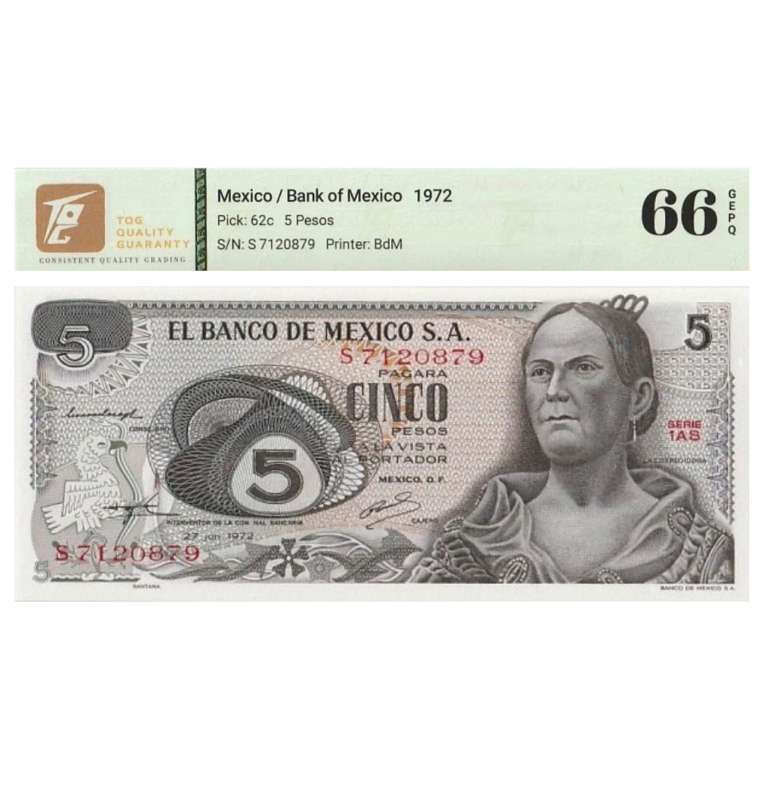 5 Pesos de México Pick #62b.1.2 1971 - Certificado TQG 66